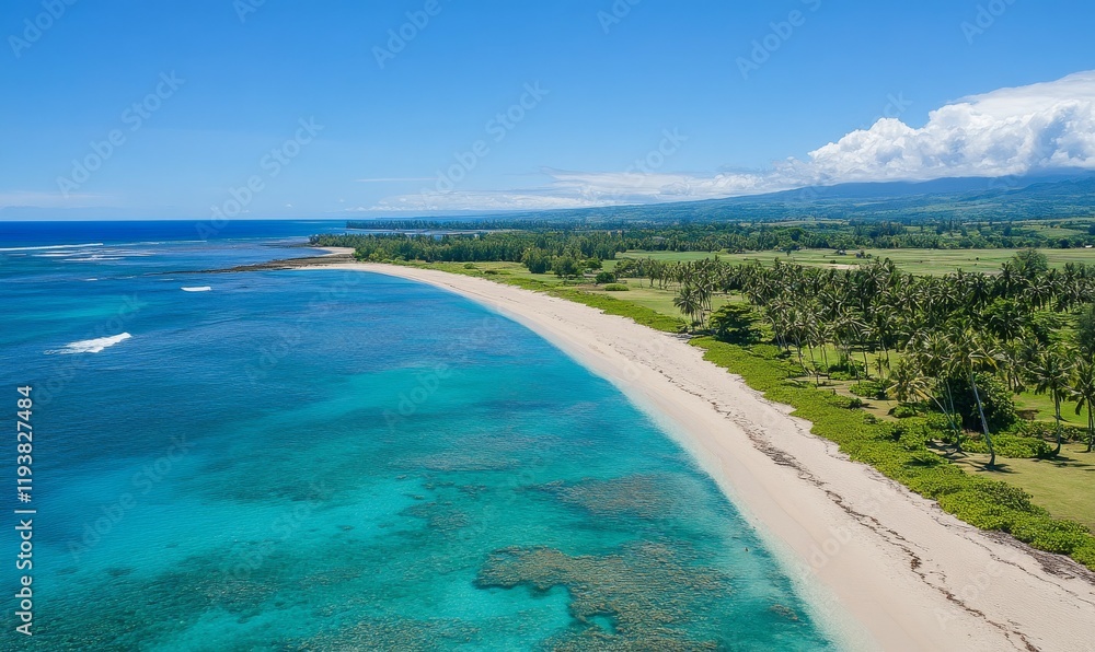 A scenic aerial view of a sandy tropical beach with a palm tree-lined shore and a turquoise ocean stretching A scenic aerial view of a sandy tropical beach with a palm tree-lined shore and a turquoise ocean stretching