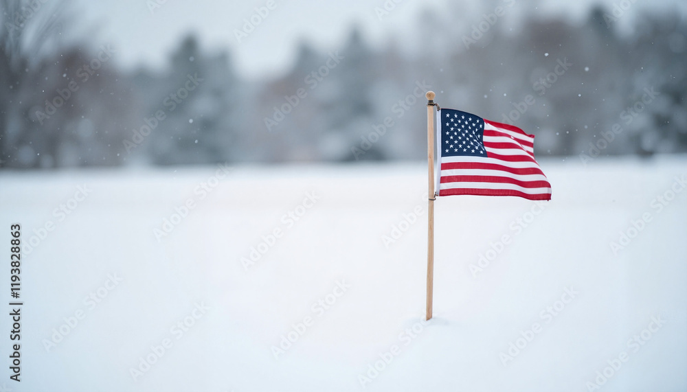 Fototapeta premium American flag waving in snow-covered field, Independence Day USA