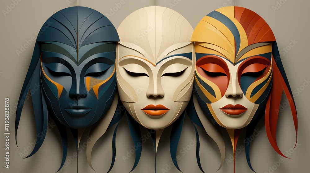 Three Abstract Masks: A Symphony of Colors and Shapes Three Abstract Masks: A Symphony of Colors and Shapes