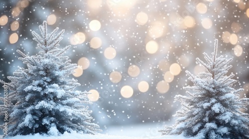 Tranquil winter scene with snow-covered trees and bokeh snowflakes