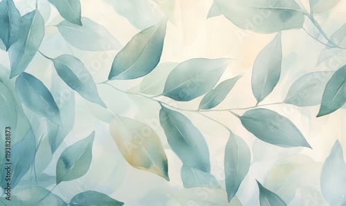 Soft and feathery watercolour leaves in shades of pale blue and green, delicate foliage, serene scene , pastel colours