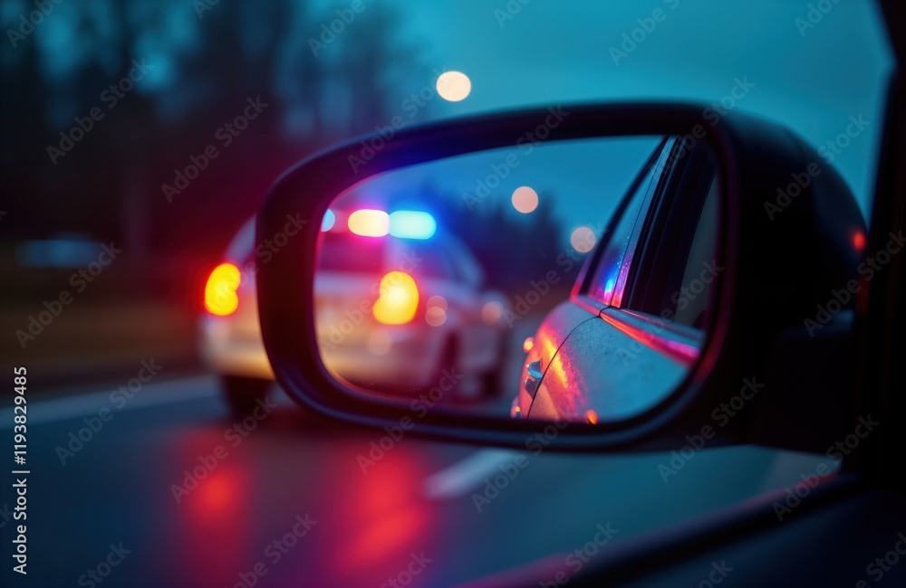 Rearview mirror shows police car in pursuit. Emergency lights flashing. Nighttime scene on road. Police vehicle driving fast. Traffic enforcement action. Law enforcement vehicle in chase. Car driver Rearview mirror shows police car in pursuit. Emergency lights flashing. Nighttime scene on road. Police vehicle driving fast. Traffic enforcement action. Law enforcement vehicle in chase. Car driver