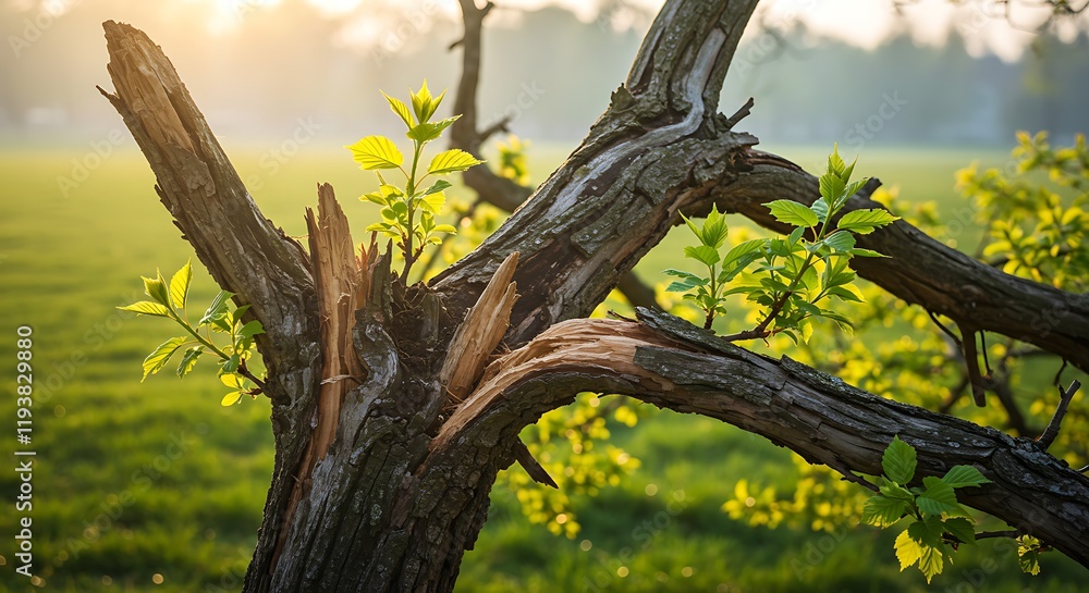 Fototapeta premium Weathered broken tree branch with new green leaves, concept for growth, renewal and nature recovery