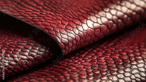 Close-up of red snake skin texture with glossy scales for fashion or design