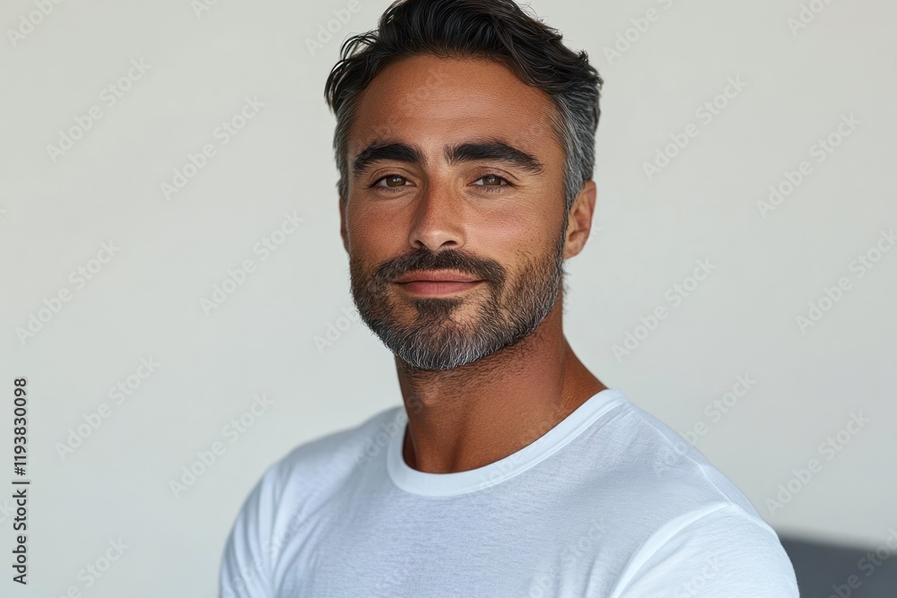Confident happy middle aged man in white t-shirt smiling isolated on white background Confident happy middle aged man in white t-shirt smiling isolated on white background