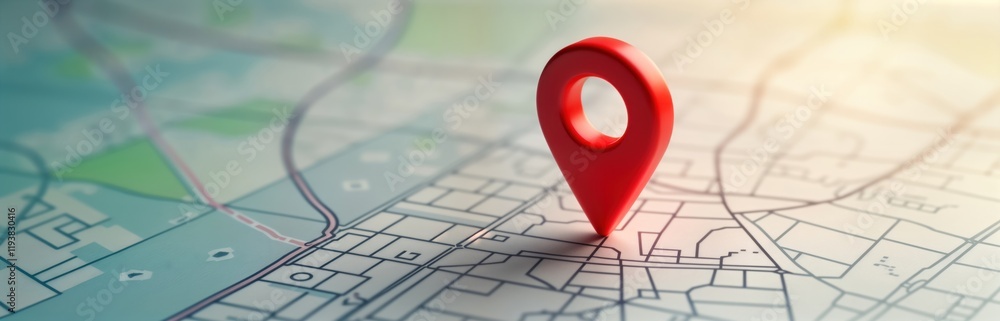 Obraz premium Modern red location pin on detailed map. Minimalist design for navigation apps, travel services. Pin shows destination on digital map. Helpful for planning trips, finding places. Route planning