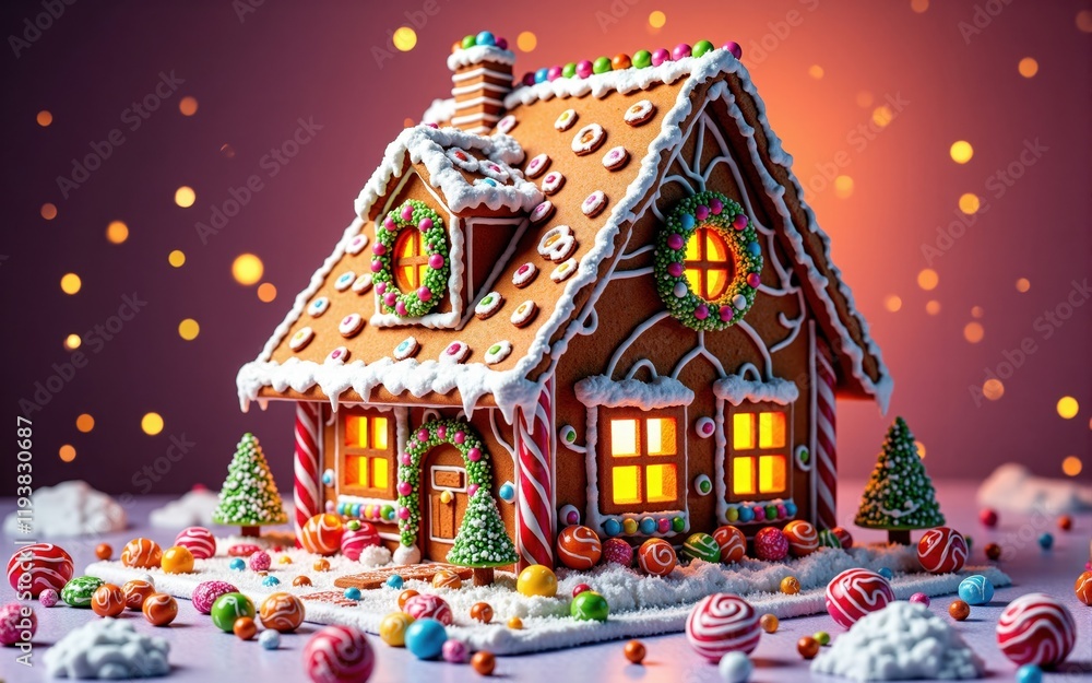 Decorated Gingerbread House with Candy and Lights Decorated Gingerbread House with Candy and Lights
