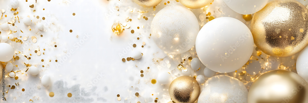 Luxurious celebration with gold and white balloons, shimmering confetti, and soft golden lighting on a pristine white background, creating an elegant and festive atmosphere. Luxurious celebration with gold and white balloons, shimmering confetti, and soft golden lighting on a pristine white background, creating an elegant and festive atmosphere.