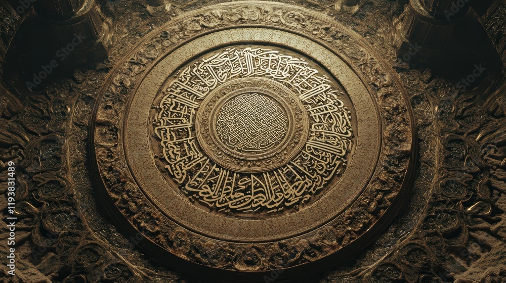 Intricate Circular Calligraphy Ornate Bronze Relief Intricate Circular Calligraphy Ornate Bronze Relief