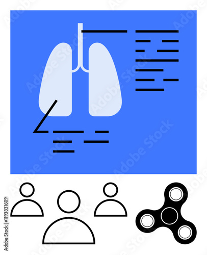 Diagram of lungs with annotations, audience figures, and a fidget spinner. Ideal for education, health, anatomy, science, engagement, teamwork respiratory system abstract line flat metaphor