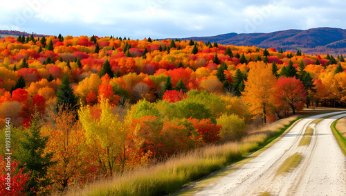 Colorful autumn landscape with picturesque forest and old country road. photo