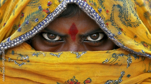 A woman adorned in a striking yellow veil captures attention with her intense eyes and traditional markings. This moment reflects cultural pride and personal expression in India photo