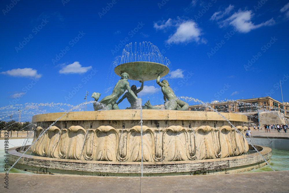 Valletta, Malta. Triton Fountain, water fountain with sculptures