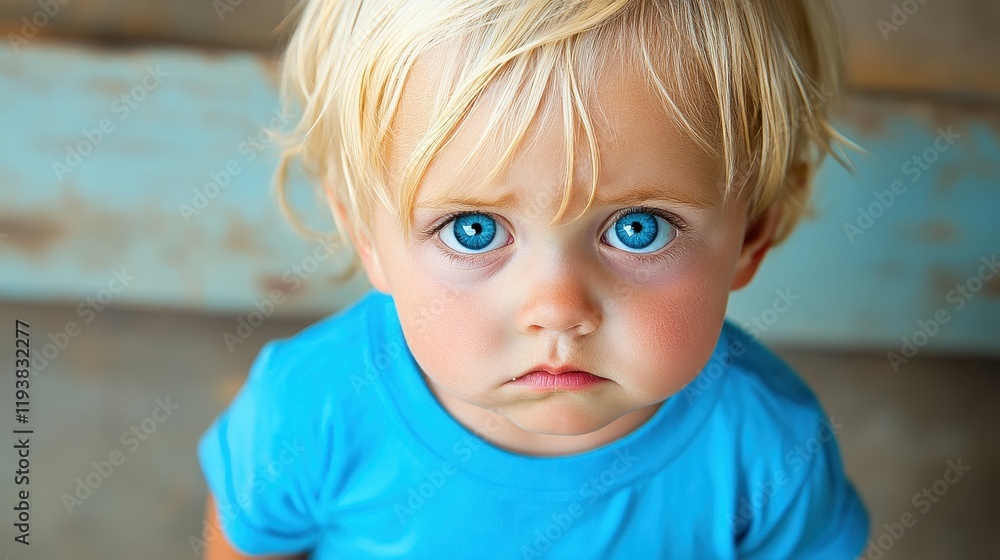 A young child with tousled blonde hair and striking blue eyes looks intently at the viewer. The child wears a light blue shirt, radiating innocence and curiosity, despite the serious expression A young child with tousled blonde hair and striking blue eyes looks intently at the viewer. The child wears a light blue shirt, radiating innocence and curiosity, despite the serious expression