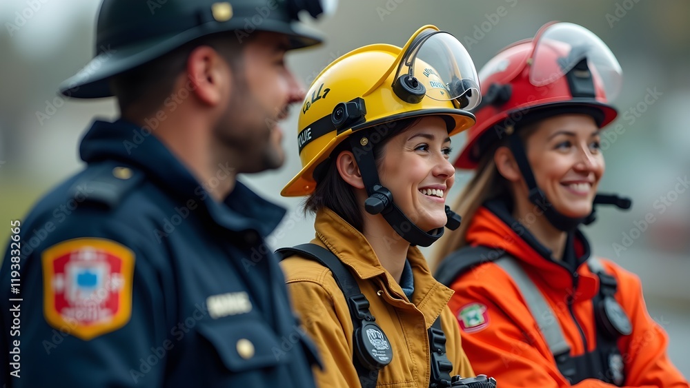 Fototapeta premium police officer, a firefighter and a female paramedic. They look happy and relaxed because they have completed their work, public safety agents