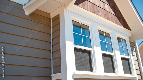 Modern House Exterior with White Windows and Brown Siding: Real Estate Photography photo