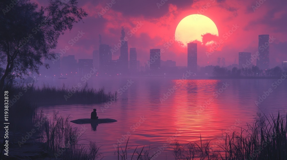 Naklejka premium Solitary Sunset Silhouette: A Cityscape Reflection
