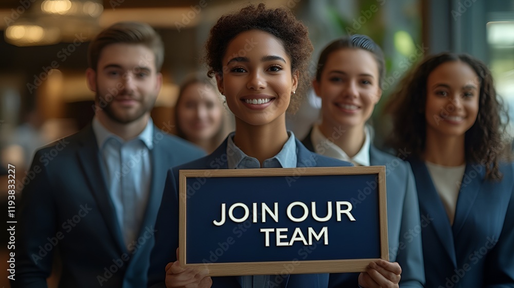A group of professionals at a job fair - holding a sign that reads “JOIN OUR TEAM” - recruiting - recruiter - marketing - branding - college - corporate - career - fair