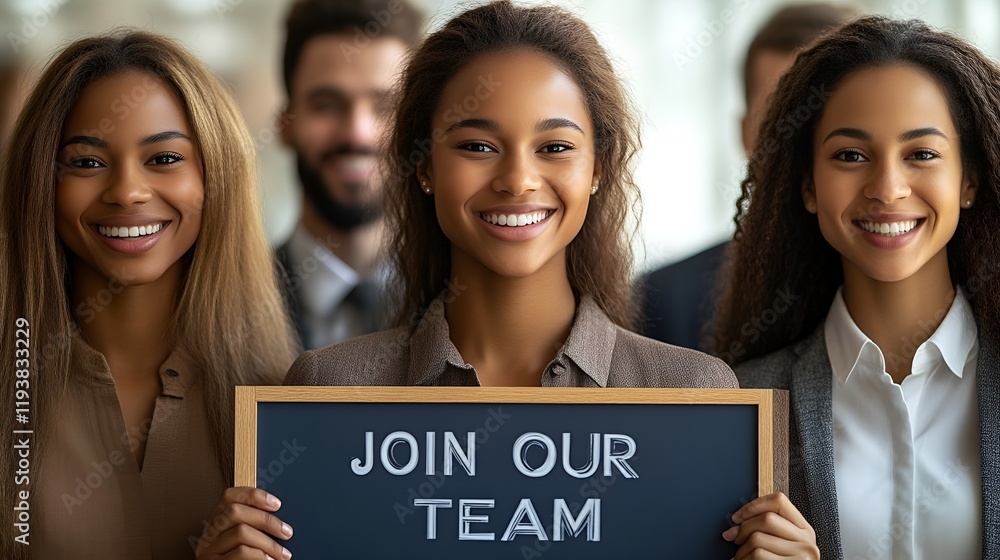 A group of professionals at a job fair - holding a sign that reads “JOIN OUR TEAM” - recruiting - recruiter - marketing - branding - college - corporate - career - fair