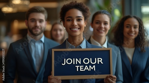 Obraz na płótnie A group of professionals at a job fair - holding a sign that reads “JOIN OUR TEAM” - recruiting - recruiter - marketing - branding - college - corporate - career - fair w salonie