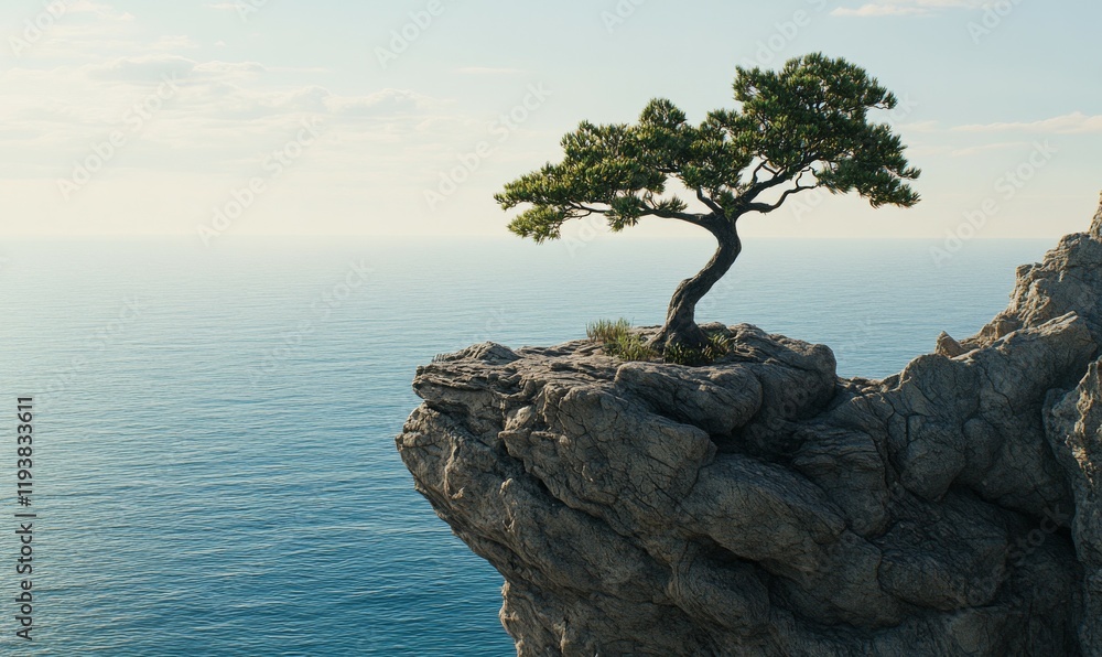 A solitary juniper tree grows on a weathered cliff overlooking the vast expanse of the Black Sea, natural wonder, rocky cliff A solitary juniper tree grows on a weathered cliff overlooking the vast expanse of the Black Sea, natural wonder, rocky cliff