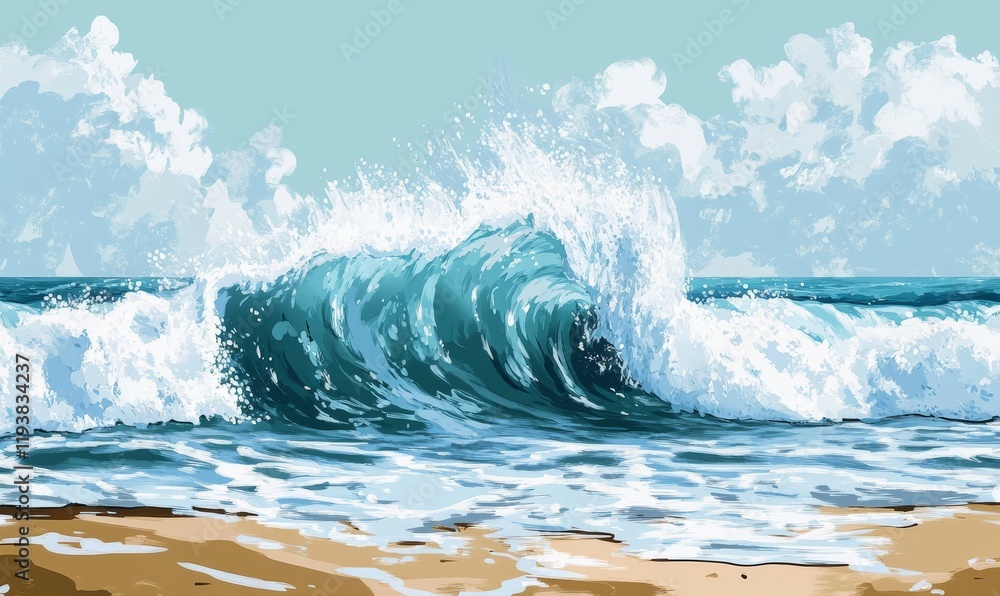 Obraz premium Stormy ocean with massive wave about to break on the shore, ocean waves crashing, coastal erosion