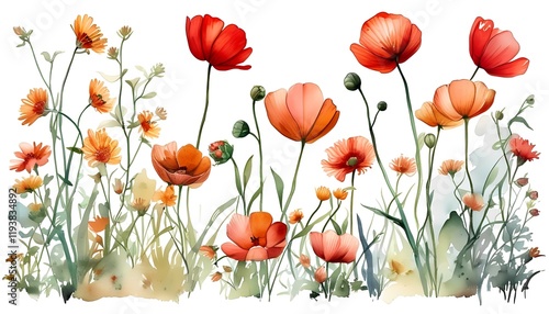 A vibrant watercolor illustration of a field filled with red and orange poppies and wildflowers