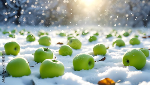 Green apples scattered on the snow-covered ground with sunlight filtering through
