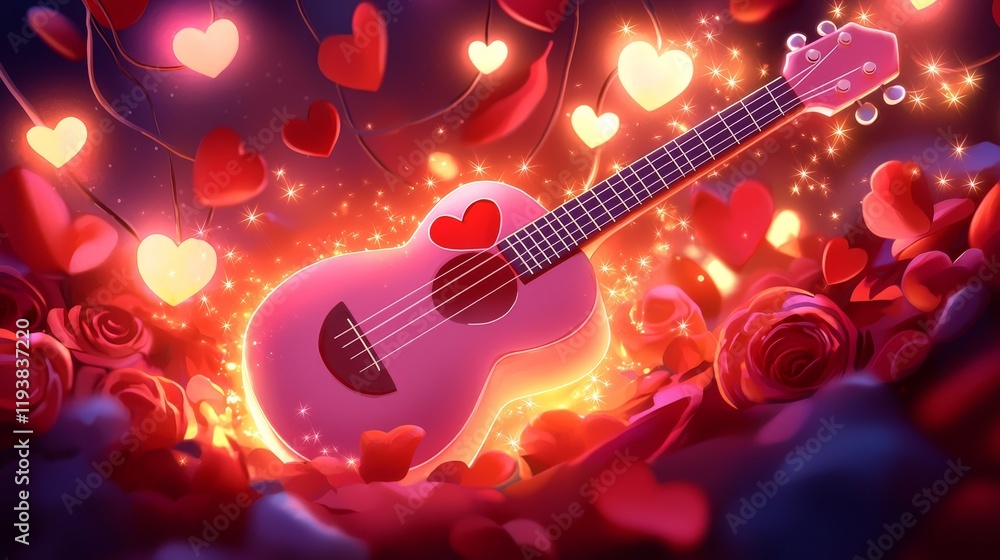 Fototapeta premium A pink ukulele with a heart-shaped soundhole, surrounded by red rose petals, glowing fairy lights, and sparkling hearts, in a romantic watercolor illustration