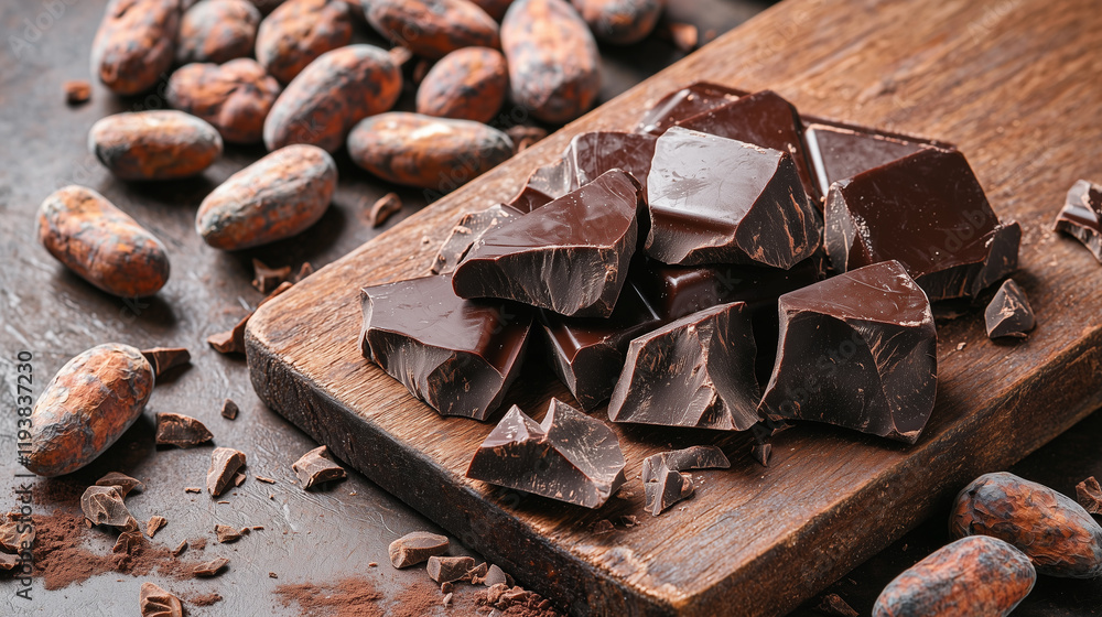 A detailed view of dark chocolate chunks resting on a wooden board surrounded by whole cocoa beans A detailed view of dark chocolate chunks resting on a wooden board surrounded by whole cocoa beans