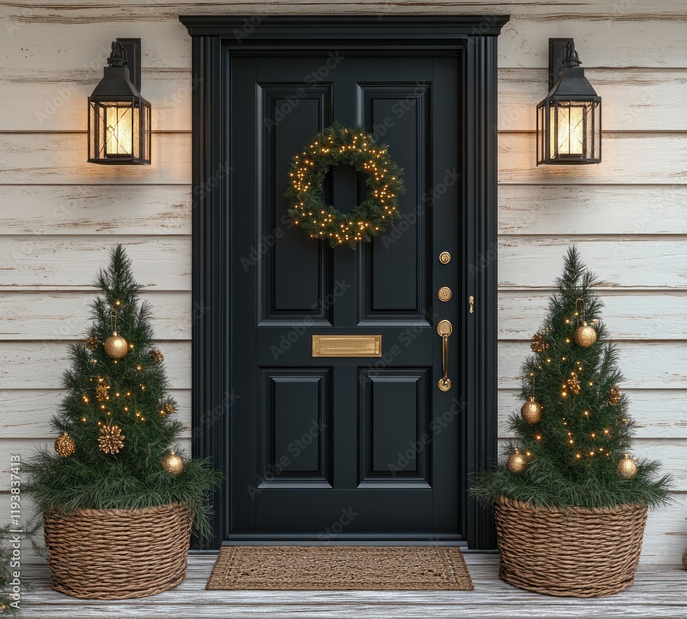 Fototapeta premium Black Front Door with Christmas Decor and Warm Lantern Light