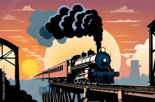 A vintage steam powered locomotive, train on a railway bridge, with smoke at sunset, in a clean vector style illustration, cartoon photo