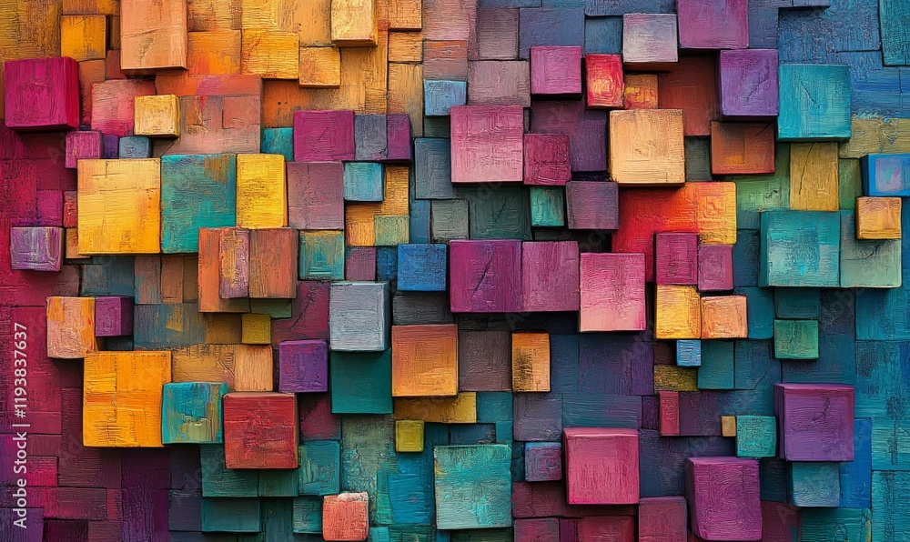 A vibrant arrangement of small cube-shaped elements creating an intricate layered look, shaped, intricate, elements A vibrant arrangement of small cube-shaped elements creating an intricate layered look, shaped, intricate, elements