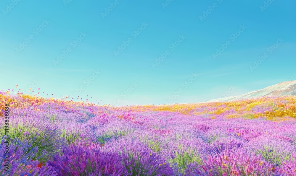 Naklejka premium The vibrant colors of blooming lavender against the backdrop of a clear blue sky, color, field