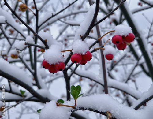 A close-up view of vibrant red berries adorned with snow on branches, with small fresh green leaves adding contrast against the cold winter background.
