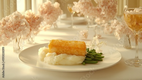 Seared fish, mashed potatoes, green beans on elegant table with flowers. photo