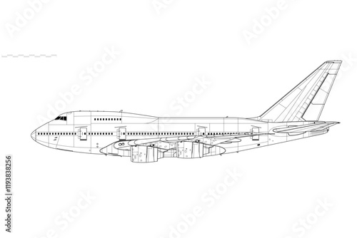 Vector drawing of wide-body jetliner. Side view. Image for illustration and infographics.