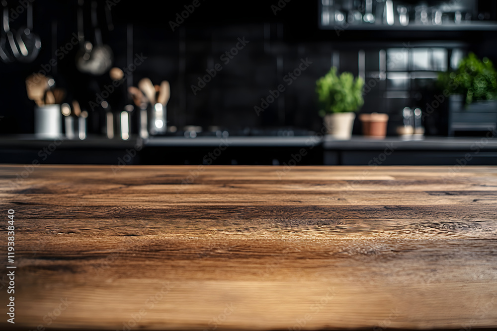 Wooden Tabletop with Blurred Modern Kitchen Background