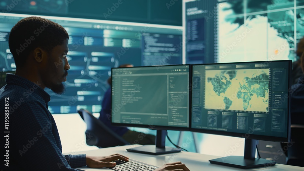 Cyber security experts team working on encryption and IT security in a governmental agency. Specialists working on cyber operations, network security and data protection for national safety. Camera B. Cyber security experts team working on encryption and IT security in a governmental agency. Specialists working on cyber operations, network security and data protection for national safety. Camera B.