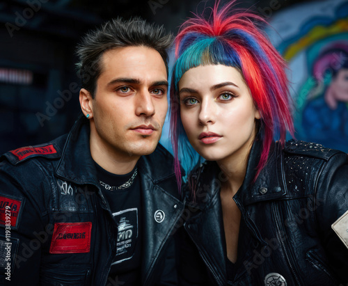 Vibrant young individuals expressing unique style in edgy clothing and colorful hairstyles. The image depicts self-expression, personality, and contemporary urban fashion photo