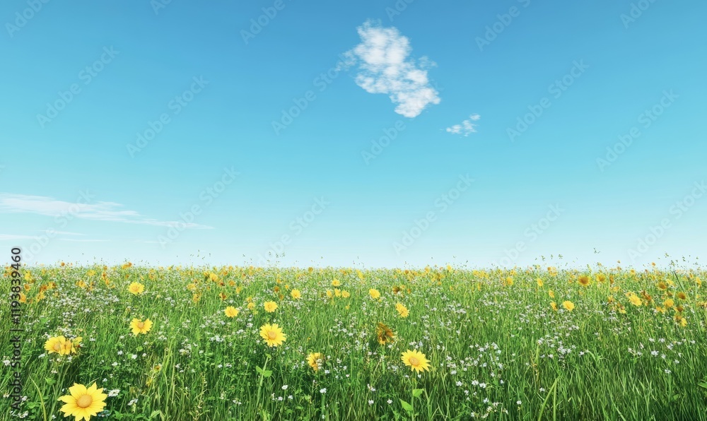 Field of sunflowers stretching towards the horizon on a clear blue sky background with a few wispy clouds, wildflower field, open space Field of sunflowers stretching towards the horizon on a clear blue sky background with a few wispy clouds, wildflower field, open space