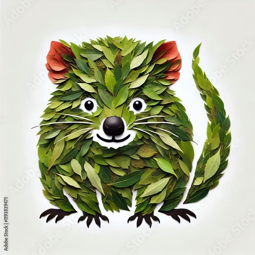 A flat tasmanian devil made with green leaves and arrangement art decor on a white background photo