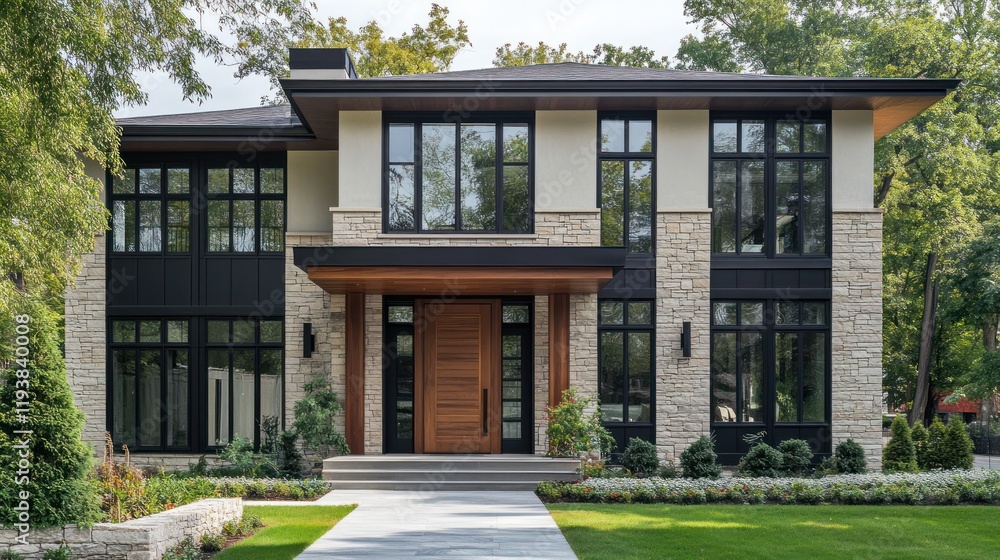 Fototapeta premium Modern Luxury Home Exterior Design: Two-Story Contemporary House with Stone Facade and Dark Windows