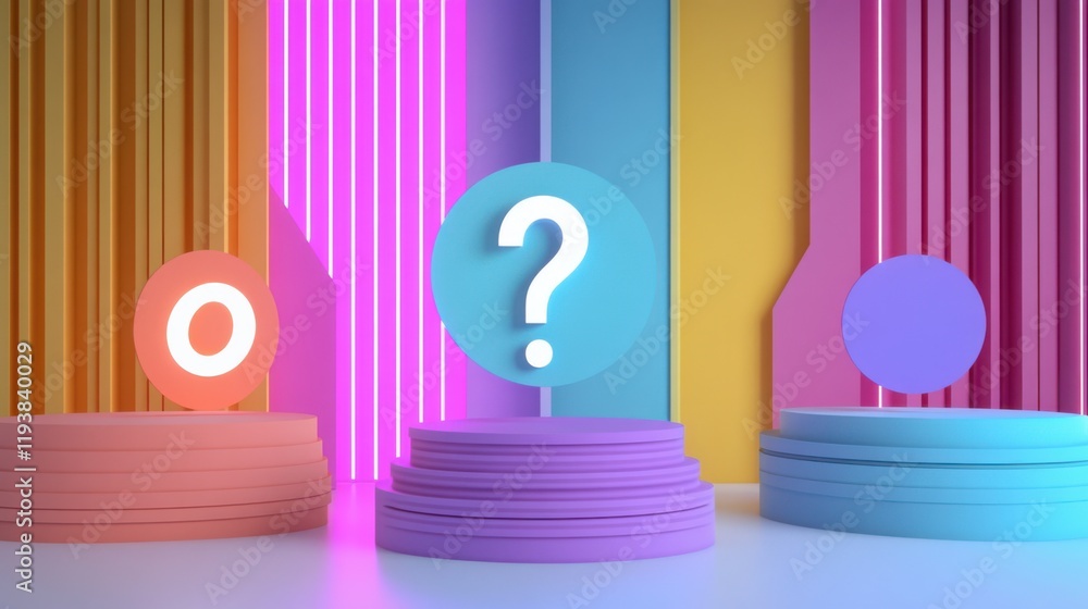 Colorful geometric shapes with glowing neon lights and vibrant background, symbolizing creativity, questions, and ideas in a modern design setting Colorful geometric shapes with glowing neon lights and vibrant background, symbolizing creativity, questions, and ideas in a modern design setting
