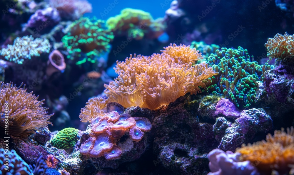 Naklejka premium Shallow waters with vibrant coral and attached algae creating a unique underwater environment , ocean floor, aquatic landscape