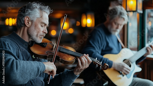 A fiddler passionately playing Irish melodies while seated next to a guitarist in an intimate pub setting