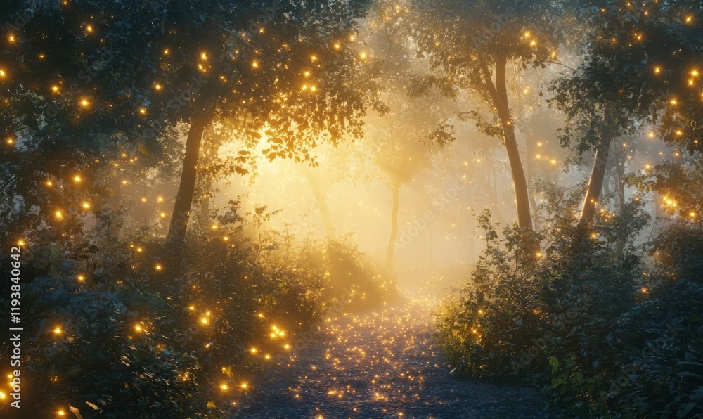 Naklejka premium Twinkling path through misty forest illuminated by soft golden light, morning, trees