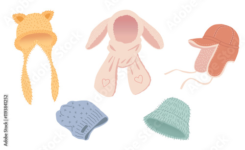 Winter headwear collection. Faux fur hats with ears, caps and scarfs for cold weather isolated on white background. Hand drawn vector illustration.