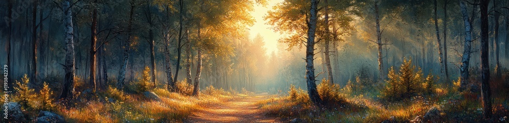 Serene Forest Pathway in Pine Park during Golden Hour Serene Forest Pathway in Pine Park during Golden Hour