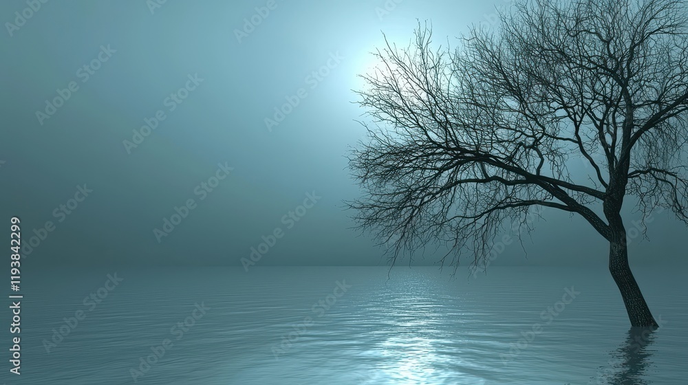 Lone Bare Tree Stands in Still Water Under a Moonlit Sky Lone Bare Tree Stands in Still Water Under a Moonlit Sky